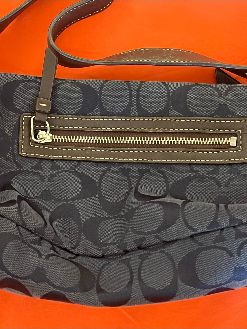 Coach women’s  Navy Signature Bag with Brown Trim